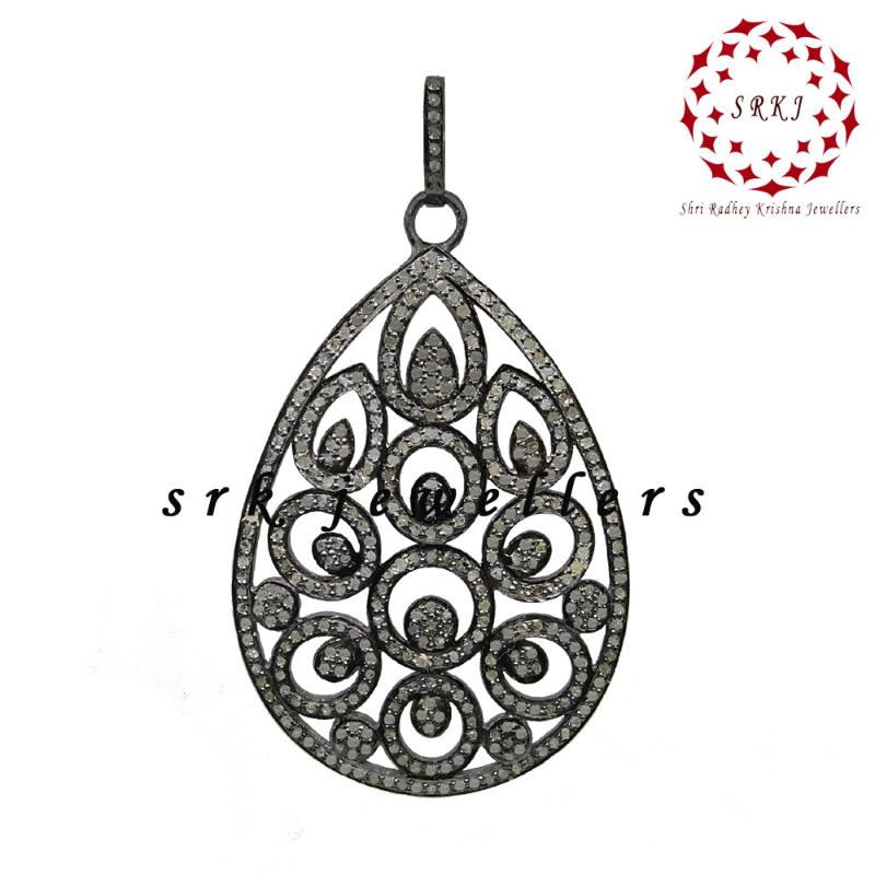 Antique Finish Designer Tear Drop Pave Diamond Pendant, Wedding Gift, Bridal Gift