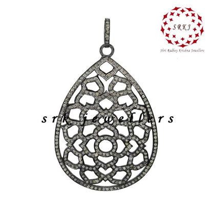 925 Sterling Silver Fancy Designer Pave Diamond Tear Drop Pendant, Silver Jewelry, Birthday Gift