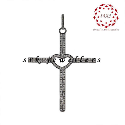 Little Open Heart Cross Designer Pave Diamond Pendant, Christmas Gift