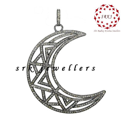 Fancy Designer Moon Pendant With Pave Diamond Layers, Stunning Half Moon Necklace, Gift For Someone