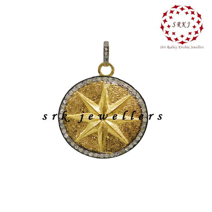 Yellow And Black Rhodium Plated Round Disk Starburst Pendant, Gift For Someone, Silver Jewelry