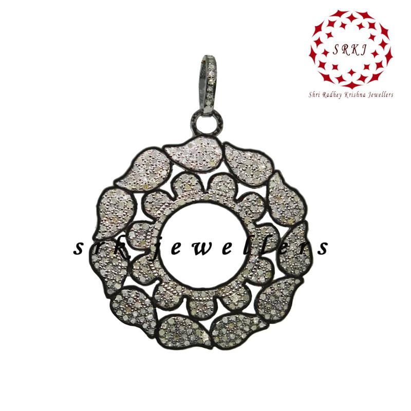 Flower Style Round Designer pave Diamond Silver pendant, Beautiful Flower Shape Necklace, Gift For Special One