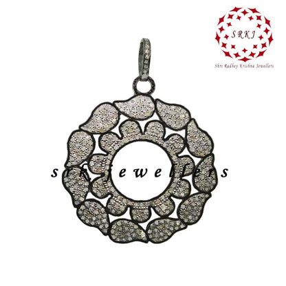 Flower Style Round Designer pave Diamond Silver pendant, Beautiful Flower Shape Necklace, Gift For Special One