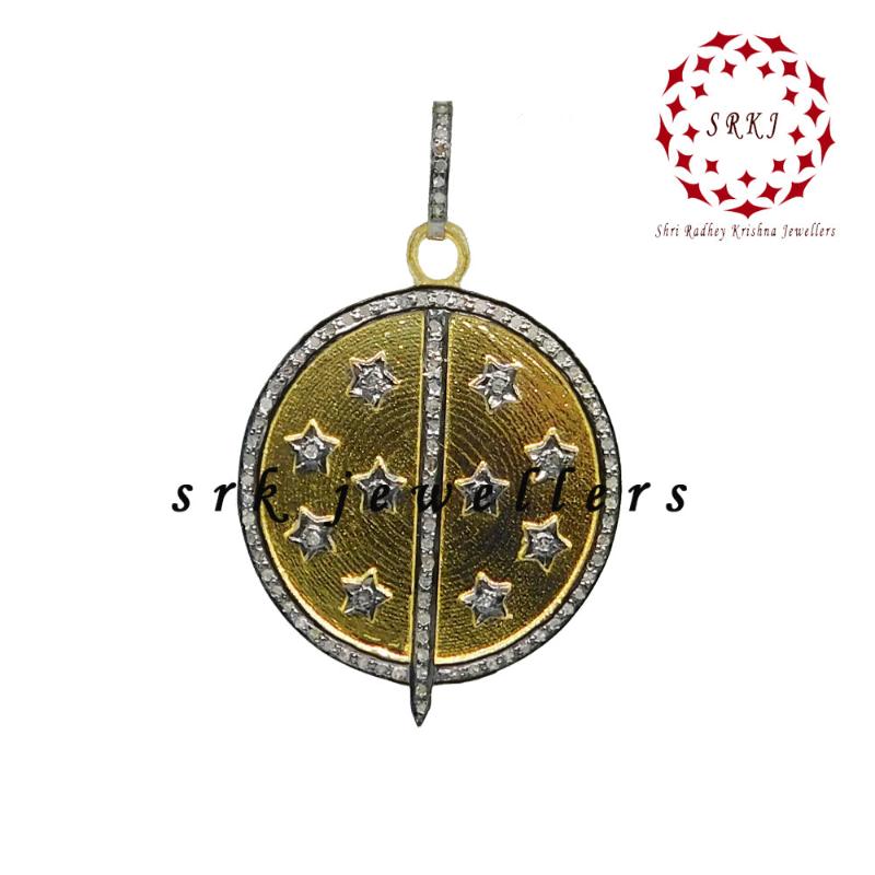 Round Small Stars With Arrow Pave Diamond Beautiful Designer Pendant, Amazing Round Disk Shape, Mother's Day Gift, Gift For Mom