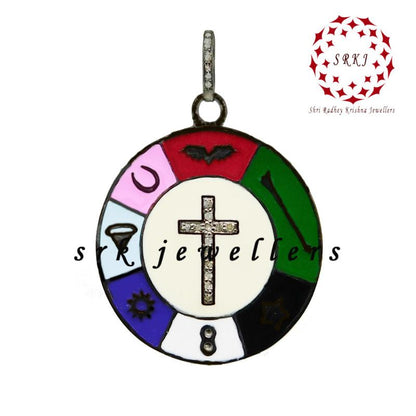 Round Multi Charm Disk Pave Diamond With Enamel Pendant, Attractive Round Design Pendant, Gift For Someone