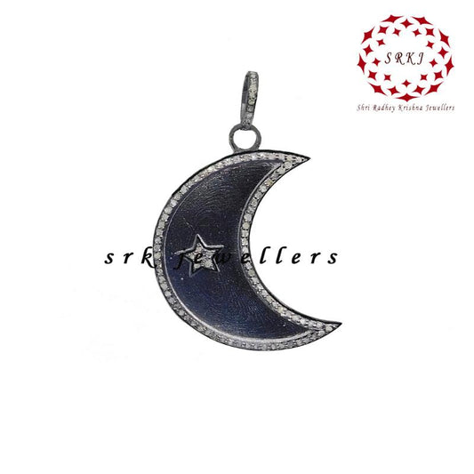 Stylish Moon with star Pave Diamond pendant, Half Moon Necklace, Gift For Someone