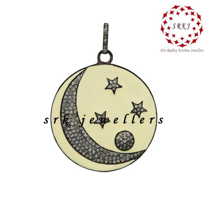 Round Fancy Designer Moon With Star Enamel Pave Diamond Handmade Style Pendant,  Unique Round Necklace, Gift For Special One