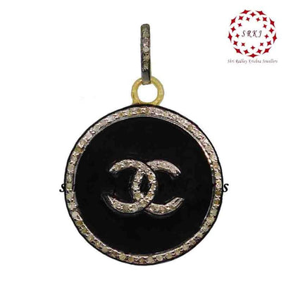 CC Pendent With Shiny Pave Diamond layers And Enamel, Amazing Bright Necklace, Gift For Lover