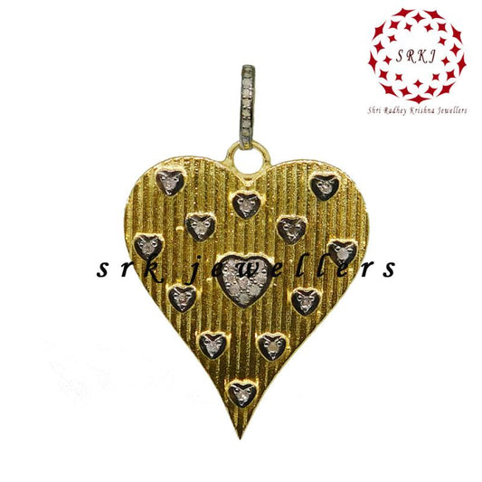 Yellow And Black Beautiful Designer Heart With Little Pave Hearts Pendant, Mini Hearts Necklace, Silver Jewelry, Gift For Girlfriend