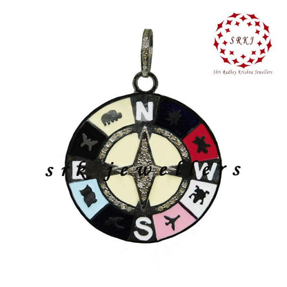 Direction Based Pave Diamond Round Disk Multi Charm With Enamel Pendant, Gift For Special One