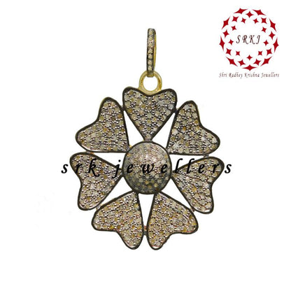 Fully Pave Diamond Setting Joined Heart Style Flower Pendant, Antique Design Flower Necklace, Gift For Beautiful One