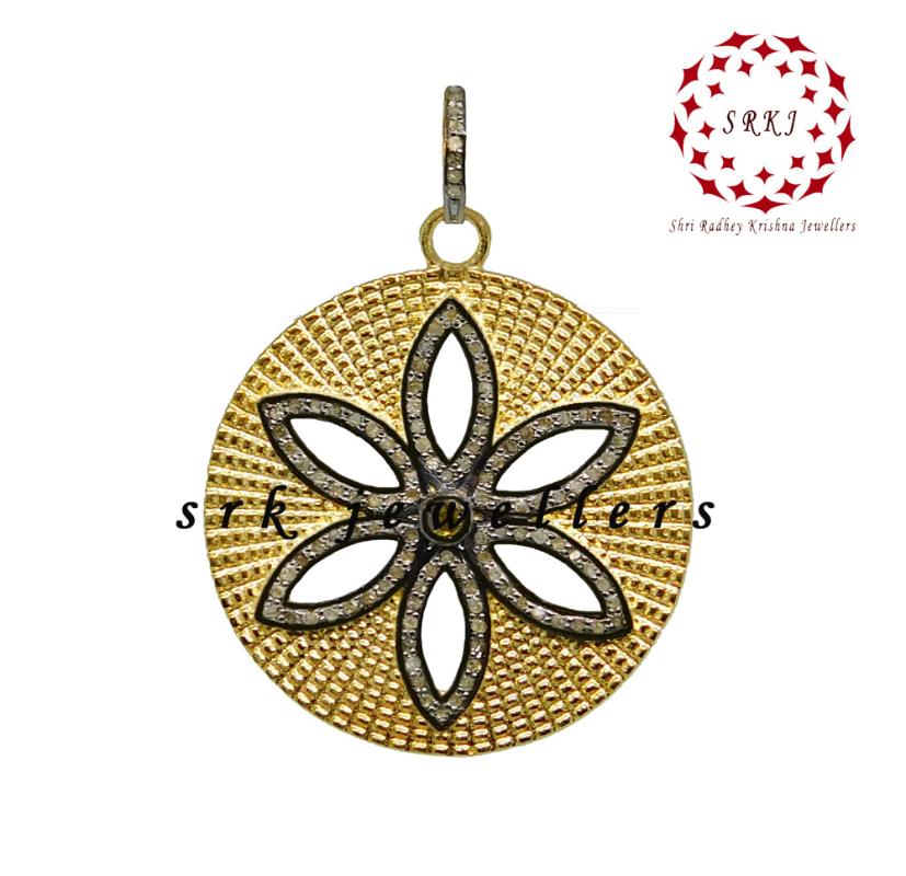 Round With Flower Style Beautiful Pave Diamond Handmade Fancy Pendant, Silver Jewelry