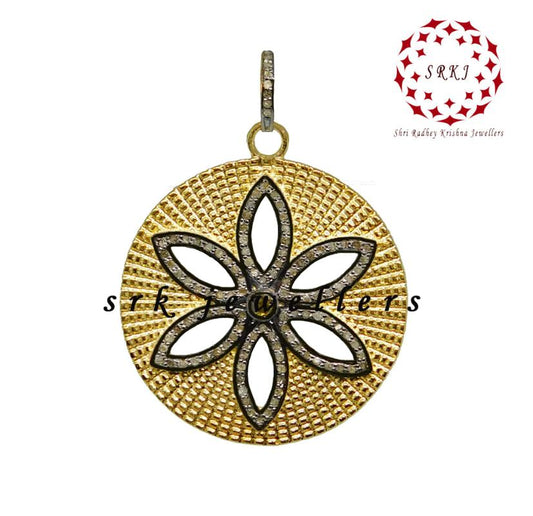 Round With Flower Style Beautiful Pave Diamond Handmade Fancy Pendant, Silver Jewelry