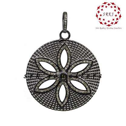 Round With Flower Style Beautiful Pave Diamond Handmade Fancy Pendant, Silver Jewelry