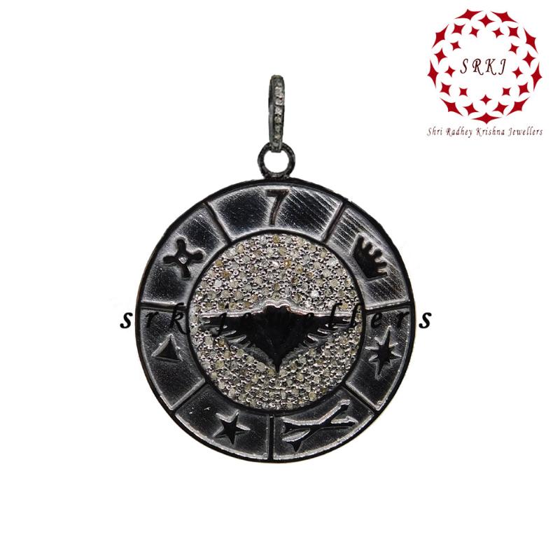 Pave Diamond Round Disk Pendant With Multi Charm, Gift For Special One, Silver Jewelry