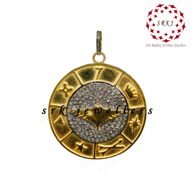 Pave Diamond Round Disk Pendant With Multi Charm, Gift For Special One, Silver Jewelry