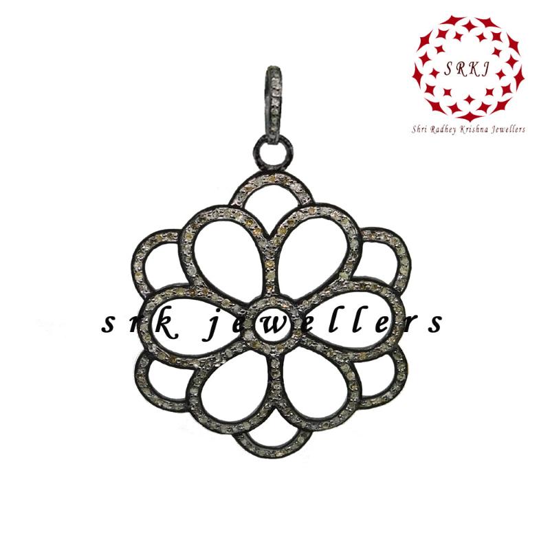 Fancy Style Pave Diamond Flower Designed Pendant, 925 Sterling Silver Jewelry, Gift For Girl