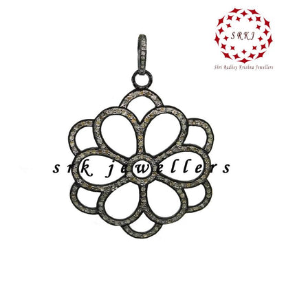 Fancy Style Pave Diamond Flower Designed Pendant, 925 Sterling Silver Jewelry, Gift For Girl