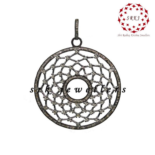 Round Designer Pave Diamond Fancy Pendant, Unique Style Fancy Necklace, Silver Jewelry