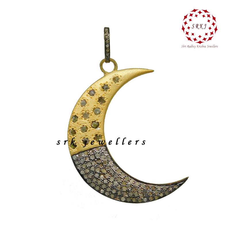 Handmade Designer Two Tone Pave Diamond Moon Pendant, Gift For Best One, Silver Jewelry