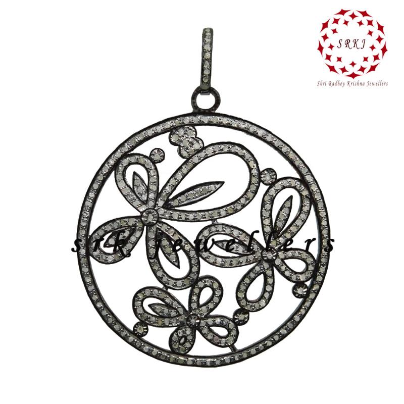 Round Designer Flower Style Pave Diamond Fancy Pendant, Silver Jewelry