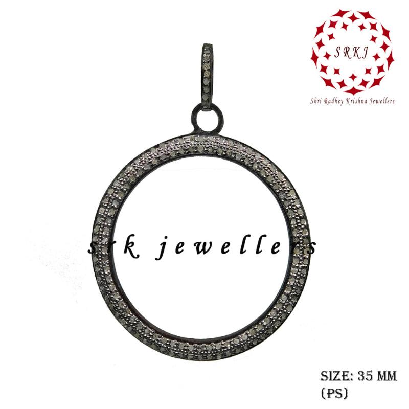 Natural Pave Diamond Handmade Designer Circle Pendant, Silver Jewelry