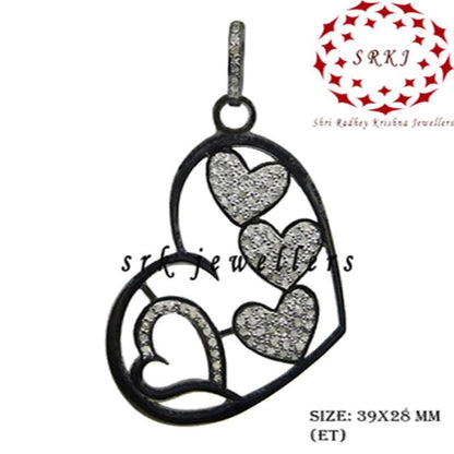 Handmade Style Pave Diamond Heart With Multi Joined Hearts Pendant, Valentine's Day Gift, Silver Jewelry