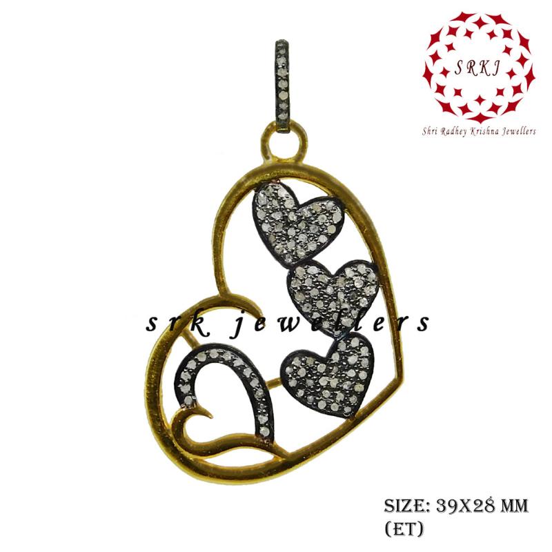 Handmade Style Pave Diamond Heart With Multi Joined Hearts Pendant, Valentine's Day Gift, Silver Jewelry