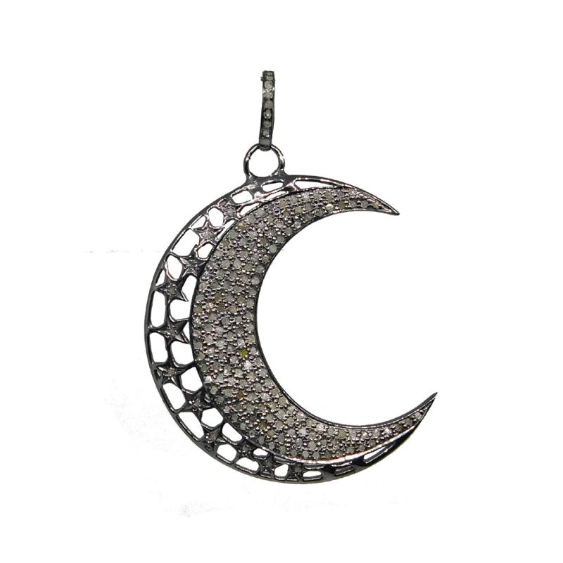 Natural Pave Diamond Moon Pendant, Stunning Shiny Necklace, Gift For Favorite One, Silver Jewelry