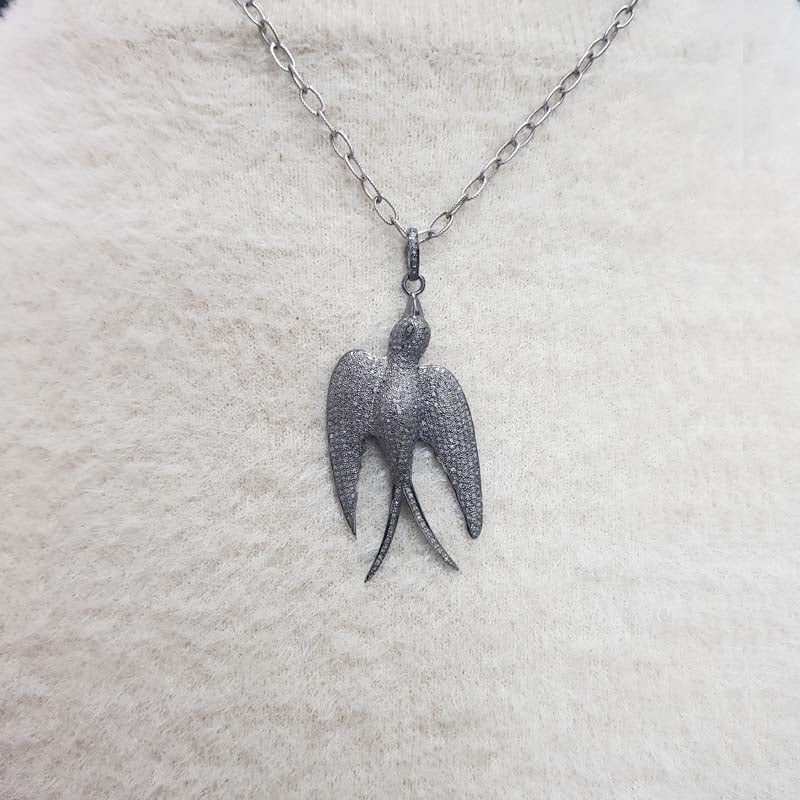 Fancy Pave Diamond Bird Pendant, Silver Bird Pendant