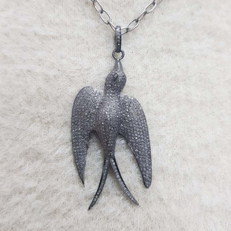 Fancy Pave Diamond Bird Pendant, Silver Bird Pendant