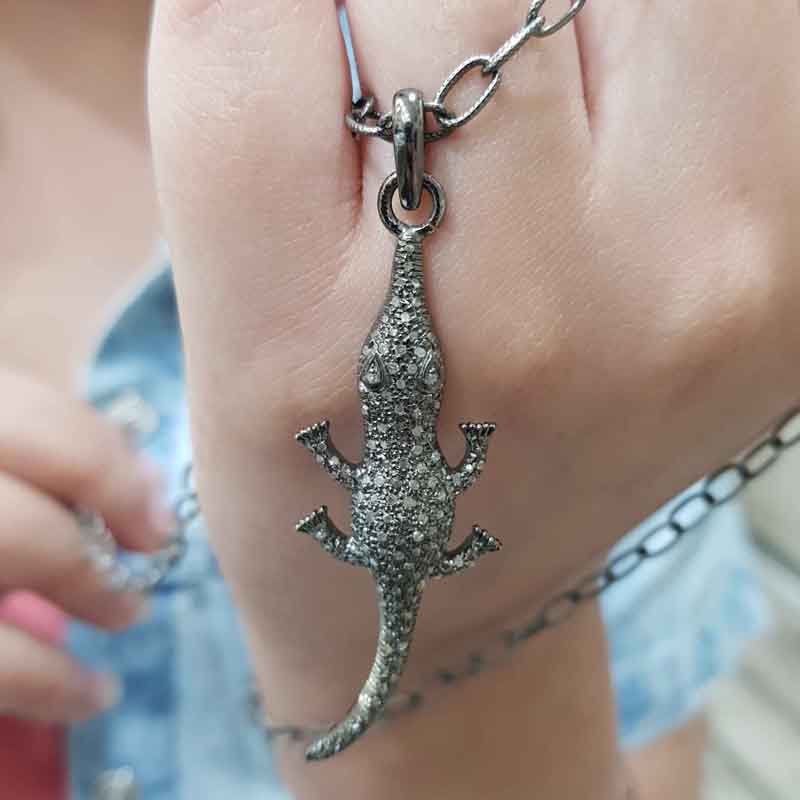 925 Sterling Silver Pave Diamond Alligator Pendant, Animal Pendant, Gift For Someone