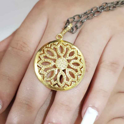 Round Pave Diamond Flower Pendant, Diamond Flower Pendant