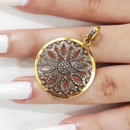 Round Pave Diamond Flower Pendant, Diamond Flower Pendant