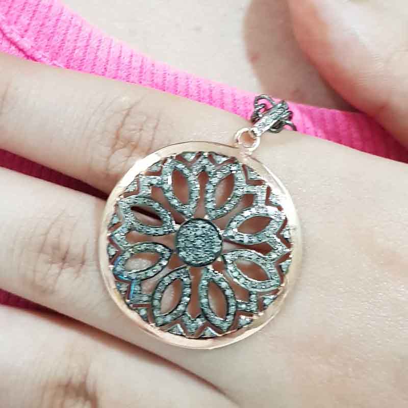 Round Pave Diamond Flower Pendant, Diamond Flower Pendant