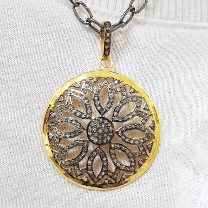 Round Pave Diamond Flower Pendant, Diamond Flower Pendant