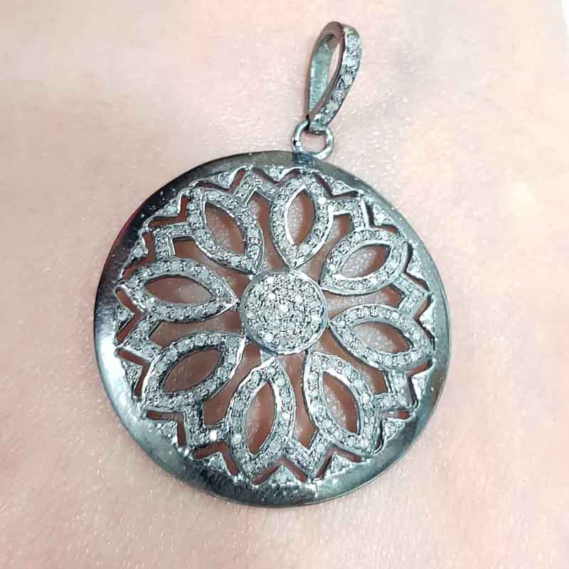 Round Pave Diamond Flower Pendant, Diamond Flower Pendant