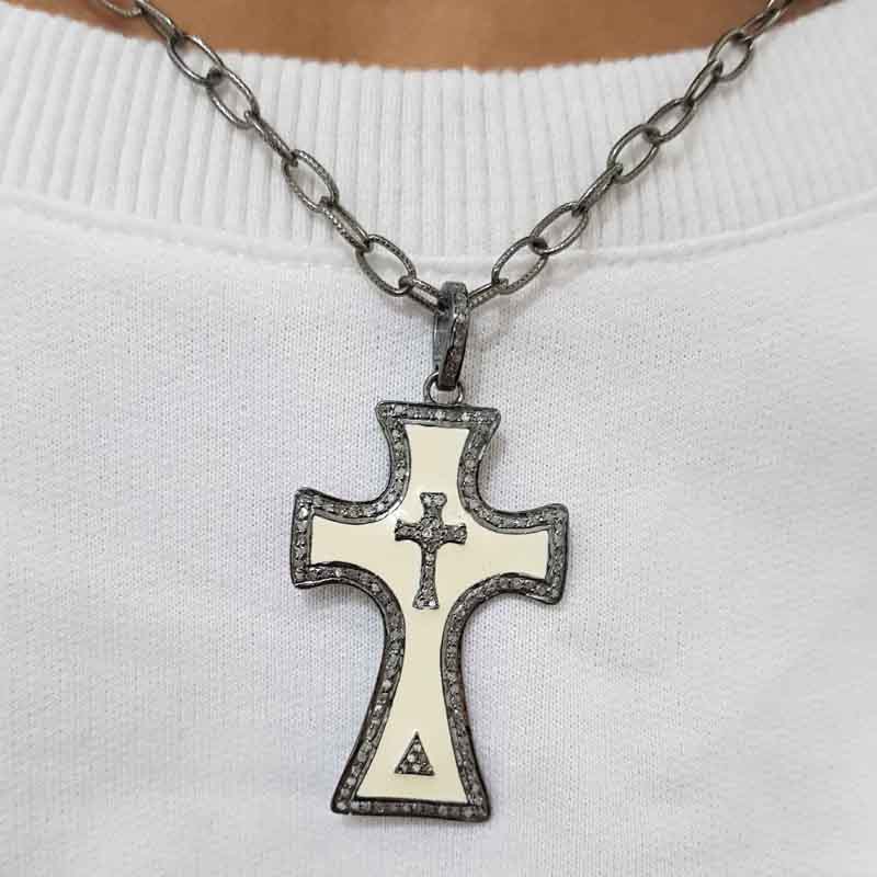 Gorgeous Enamel Cross Pendant, Stylish Cross Pendant, Silver Jewelry