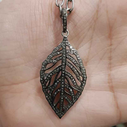 Black Beautiful Leaf Pendant with Pave Layers, Stylish Leaf Pendant, Silver Jewelry, Designer Leaf Pendant