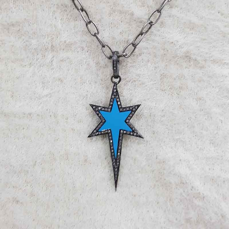 Turquoise Enamel Long Star Pendant, Beautiful Design Star Pendant, Statement Jewelry, Silver Jewelry