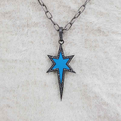 Turquoise Enamel Long Star Pendant, Beautiful Design Star Pendant, Statement Jewelry, Silver Jewelry