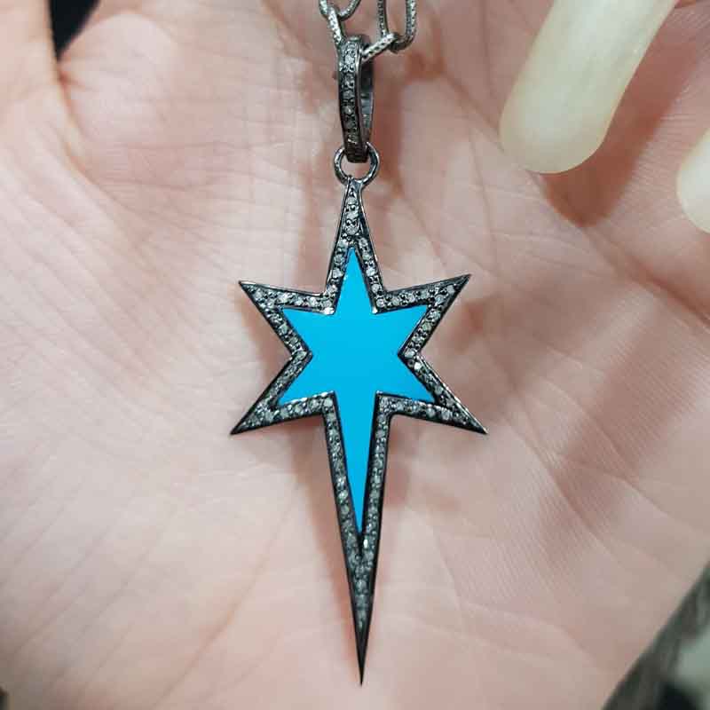 Turquoise Enamel Long Star Pendant, Beautiful Design Star Pendant, Statement Jewelry, Silver Jewelry