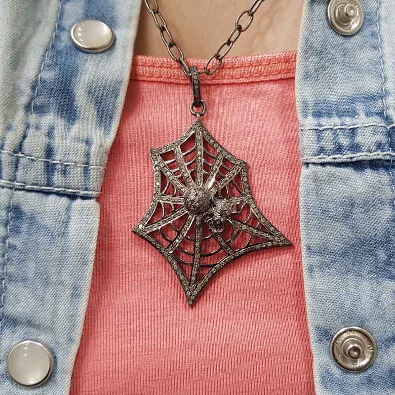 Spider Web Pendant, Attractive Spider Web Pendant, 925 Sterling Silver Pendant With Pave Diamond