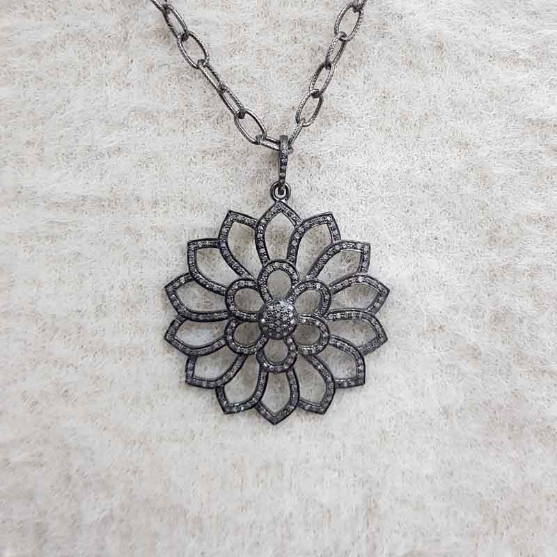 Beautifully Designed 925 Sterling Silver Flower Pendant, Black Statement Pendant, Birthday Gift, Silver Jewelry