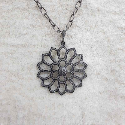 Beautifully Designed 925 Sterling Silver Flower Pendant, Black Statement Pendant, Birthday Gift, Silver Jewelry