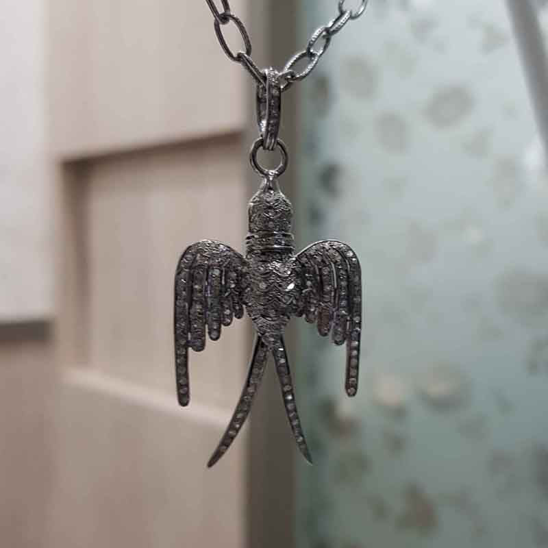 925 Sterling Silver Pave Diamond Handmade Designer Bird Pendant, Black Bird pendant, Silver Jewelry