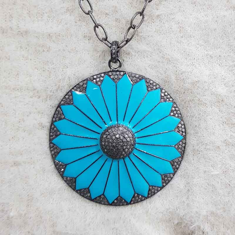 Turquoise Enamel Round Handmade Designer Beautiful Pendant, Round Flower Enamel Pendant, Silver Jewelry