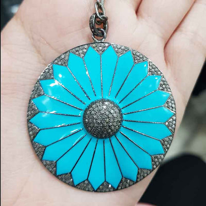 Turquoise Enamel Round Handmade Designer Beautiful Pendant, Round Flower Enamel Pendant, Silver Jewelry