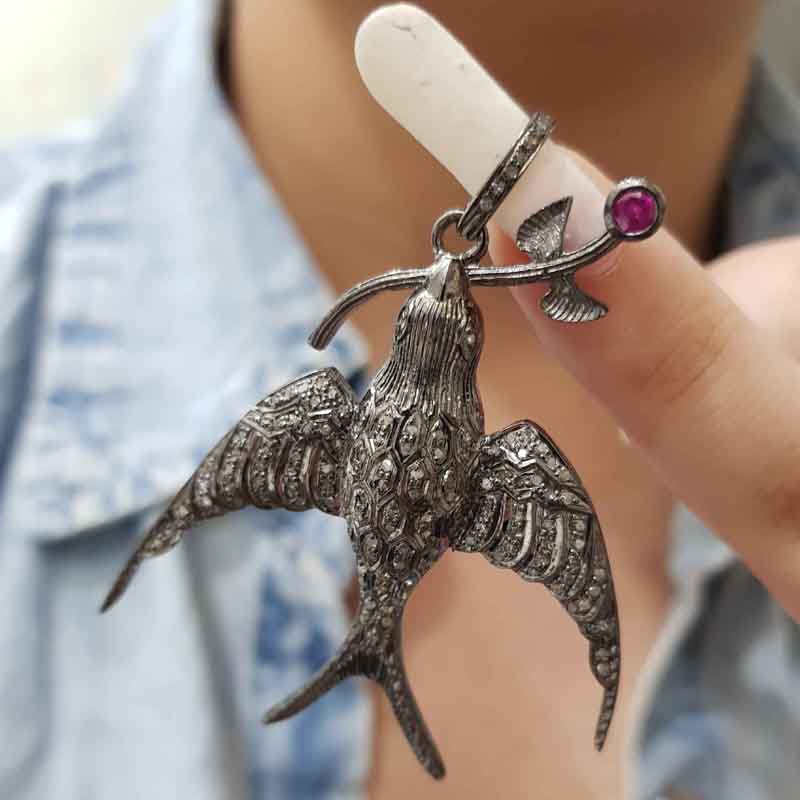 Bird Pendant With Natural Pave diamond Layers And 925 Sterling Silver, Designer Bird Pendant, Silver Jewelry