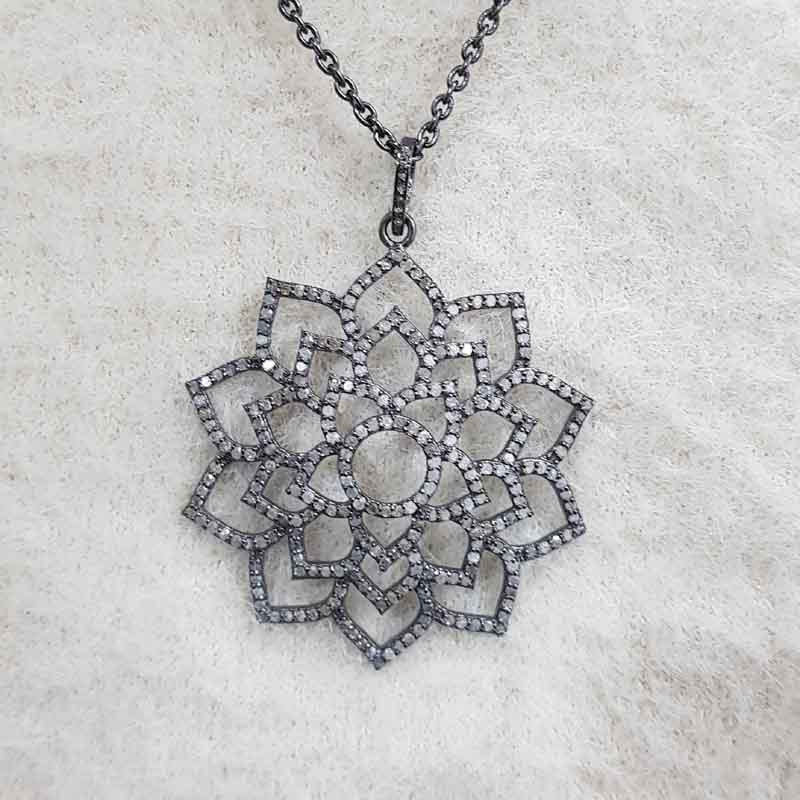 Black Beautiful Flower Style Pave Diamond Pendant, Attractive Flower Pendant, Silver Jewelry